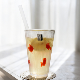 出口日本红鱼创意冷水饮料柠檬水杯玻璃本色人工吹制420ml不耐热