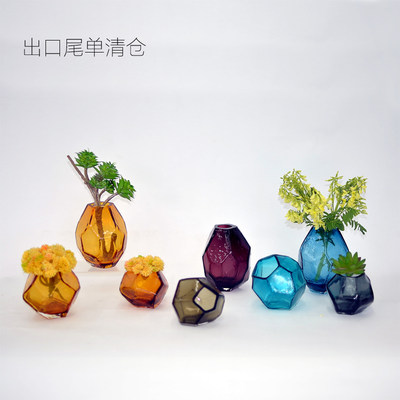 北欧简约小号彩色通透玻璃花瓶几何多面水晶小号水培花器家居摆件 虎窝淘