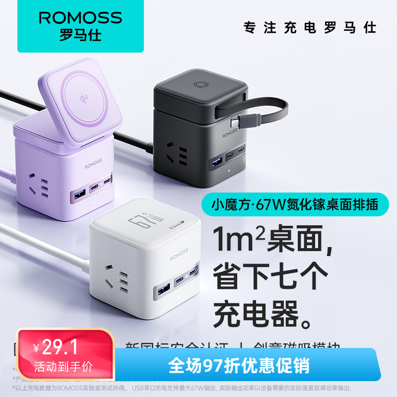 罗马仕65W桌面小魔方多孔充电转换器插排手机笔记本氮化镓快充头