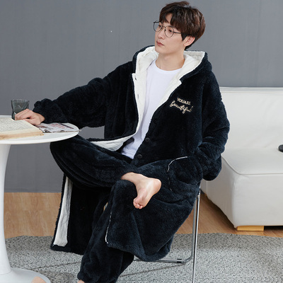 揭阳睡衣男士加厚珊瑚绒睡袍秋冬季晨袍法兰绒套装浴袍青少年长袍
