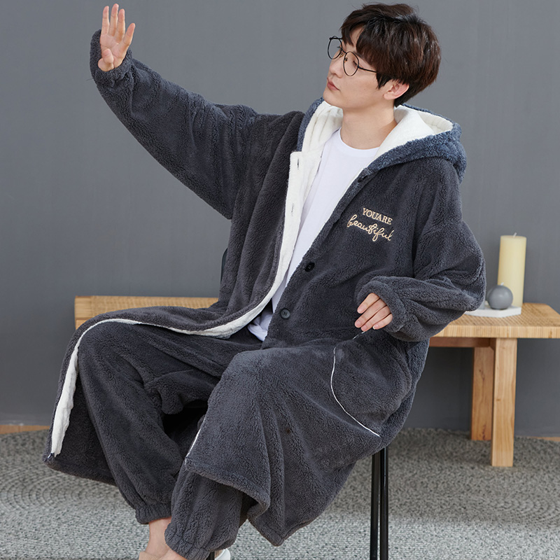 男士睡衣加厚珊瑚绒睡袍秋冬季广东揭阳晨袍法兰绒套装浴袍加长袍