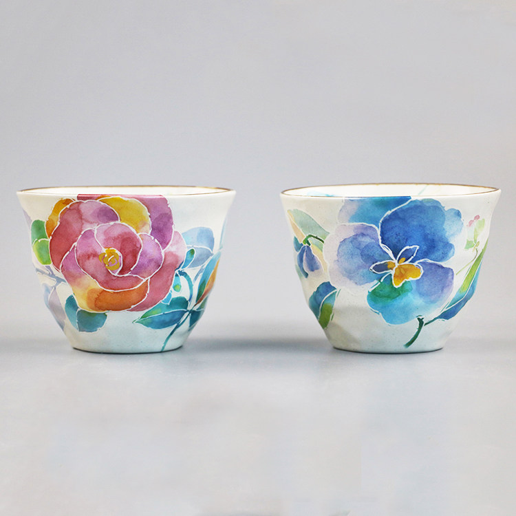 现货 日本进口美浓烧和蓝 日式水彩花卉陶瓷茶杯水杯 生日礼品