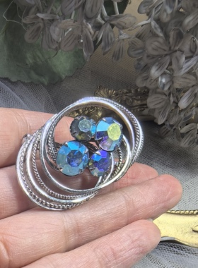 日本海外vintage中古简约款复古银色水晶胸针胸花孤品