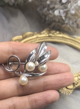 日本海外中古简约款复古银色仿珍珠胸针胸花孤品