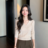 麻花修身 羊毛衫 女100%纯羊毛德国扬子纱针织V领长袖 显瘦打底毛衣