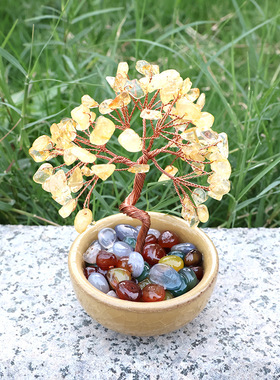 热销天然水晶树水晶发财树聚宝盆茶盏底座摇钱树家居桌面招财摆件