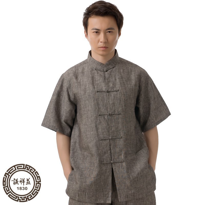民族风唐装男亚麻短袖中式复古休闲粗布衬衫中年立领盘扣夏季上衣
