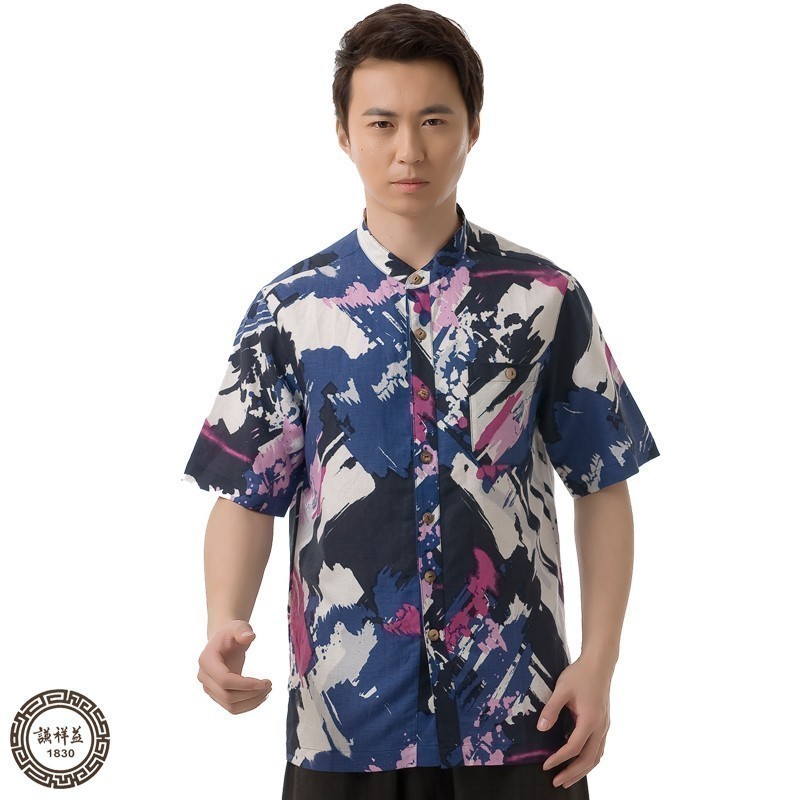 中国风夏装唐装男短袖中式亚麻立领衬衫中青年休闲时尚民族风上衣