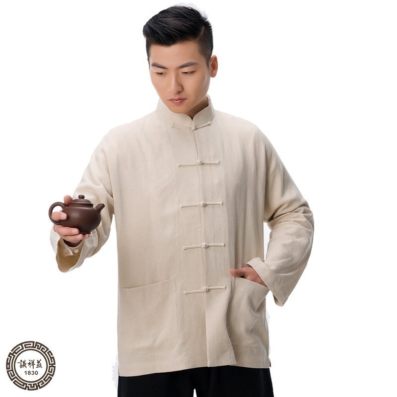 中式亚麻盘扣春夏上装唐装男长袖单衣民族外套中国风立领复古衬衫