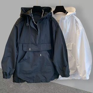 纯色连帽卫衣外套男女款春秋款韩版潮流工装拼接透气宽松透气防风
