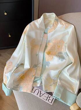 jlx7272淡绿色新中式国风印花立领外套2024女春季高级感气质上衣