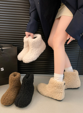 韩系加绒保暖毛毛鞋女秋冬季外穿羊羔卷毛短靴可爱白色雪地靴棉鞋