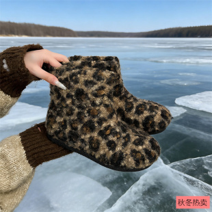豹纹雪地靴女2026年新款冬季平底加绒加厚防滑女款女鞋子毛毛棉鞋