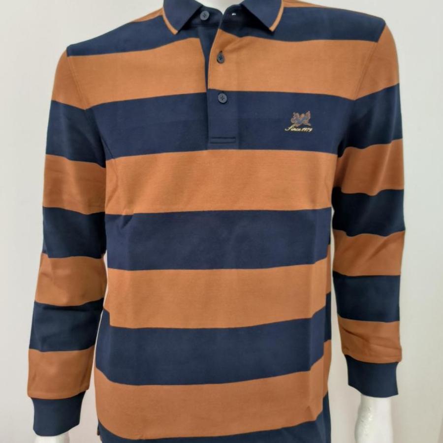 雅家男士秋冬暖绒翻领棉条纹长袖T恤卡尔丹款商务休闲款