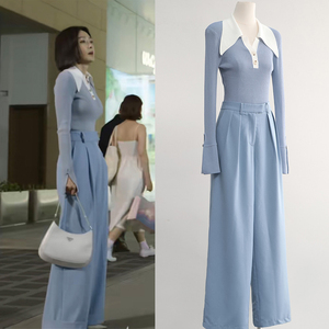 闪耀的她秦岚管文同款蓝色长裤高腰春秋宽松小个子直筒垂感阔腿裤