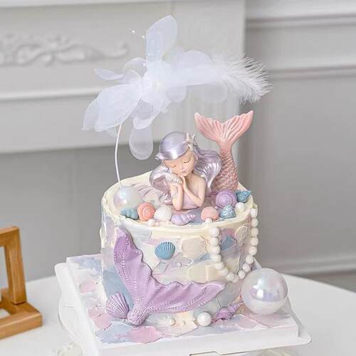 梦幻海洋公主女孩生日蛋糕装饰闭眼美人鱼贝壳鱼尾烘焙装扮摆件