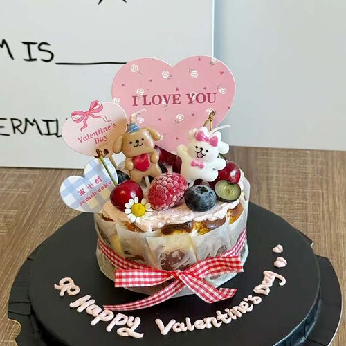 网红2.14情人节抱爱心小狗小兔蜡烛蛋糕装饰摆件情侣纪念日插件