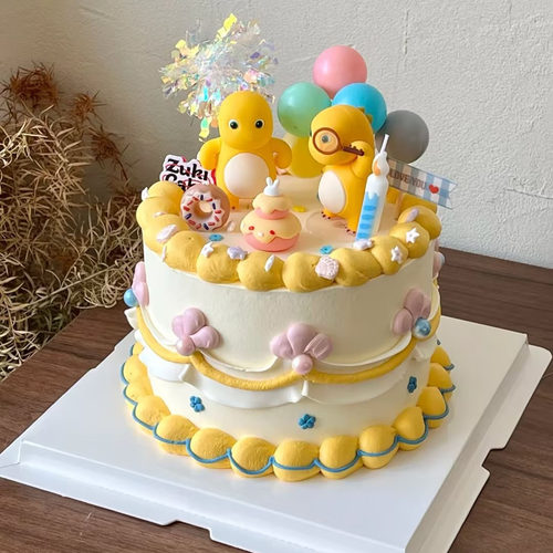 网红小奶龙蛋糕装饰可爱胖胖黄色小恐龙彩虹HBD笑脸摆件甜品台