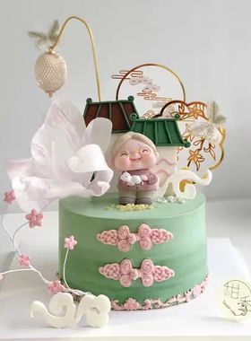 爷爷奶奶老人祝寿蛋糕装饰铁艺灯笼绿色房子盘扣亚克力祥云圆扇l