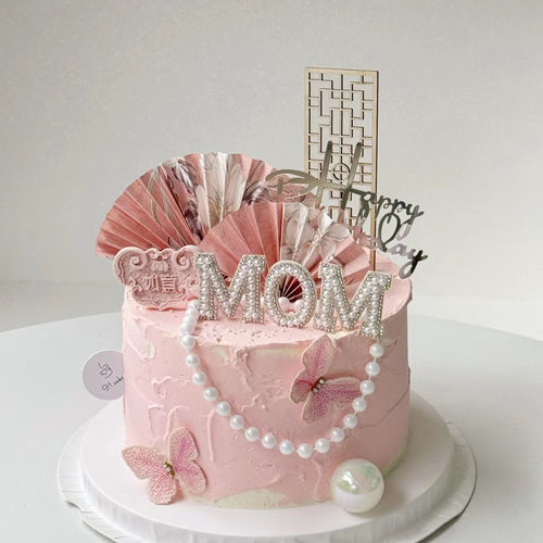 国风中式母亲节蛋糕装饰木棉折扇屏风插件亚克力英文珍珠MOM插牌