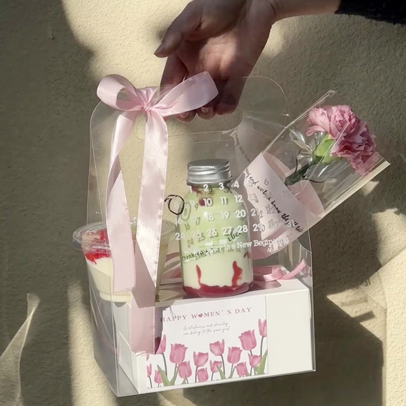 38女神节装饰透明手提鲜花盒迷你礼盒女神节送礼正方形包装花盒子