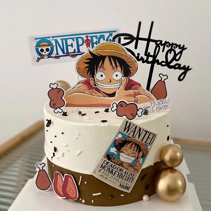 网红海贼王蛋糕装饰鸡腿大拇指路飞悬赏卡通插牌创意海盗船摆件