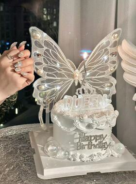 抱抱酱同款手工带灯白色紫色刺绣蝴蝶蛋糕装饰小仙女蛋糕摆件插件