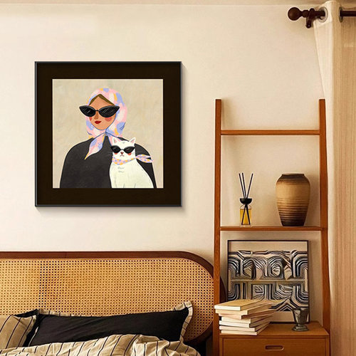 女人与猫中古风客厅装饰画小众艺术餐厅组合壁画法式复古卧室挂画