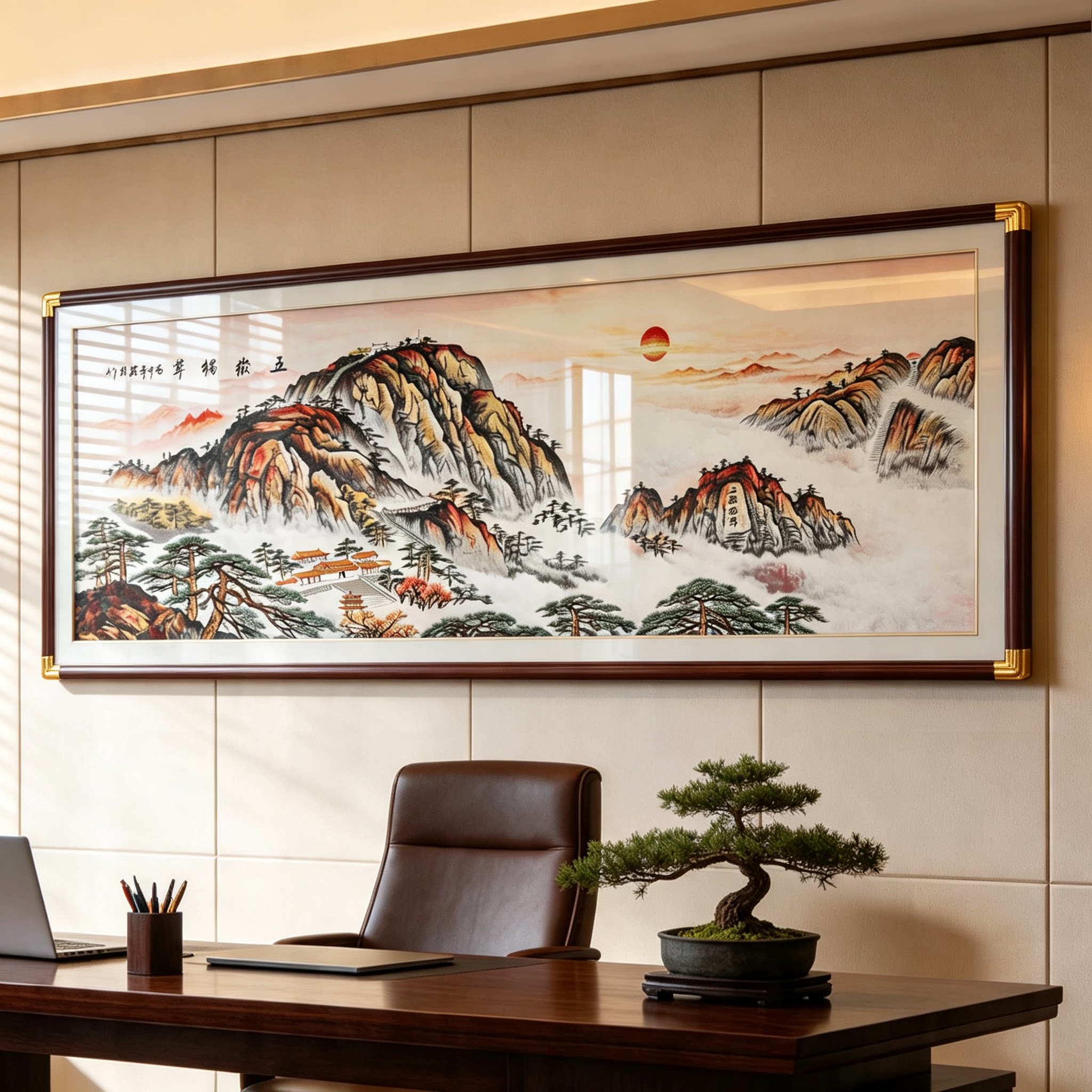 新中式刺绣客厅挂画办公室装饰画书房墙贴壁画山水画五岳山挂画