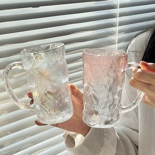 日式 冰川杯带把手玻璃杯彩色磨砂杯ins风高颜值水杯果汁杯啤酒杯