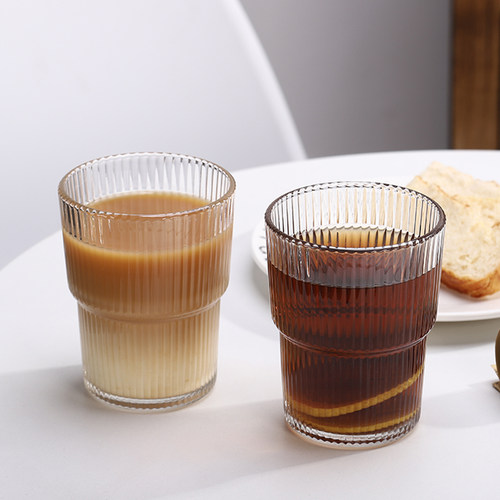 简约竖纹玻璃水杯透明吸管杯ins风高颜值咖啡杯带盖家用牛奶杯子