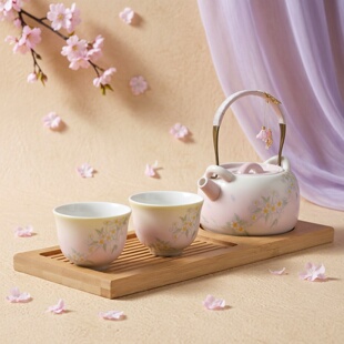 汝窑旅行陶瓷茶具套装家用功夫渐变粉色陶瓷小茶盘茶叶罐竹子茶海