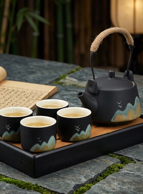 黑陶一壶二杯日式家用简易两杯蓄水茶具手绘小套装提梁壶礼品定制