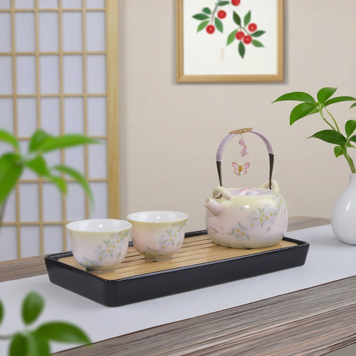 粉色提梁壶茶杯托盘圆形一壶两杯