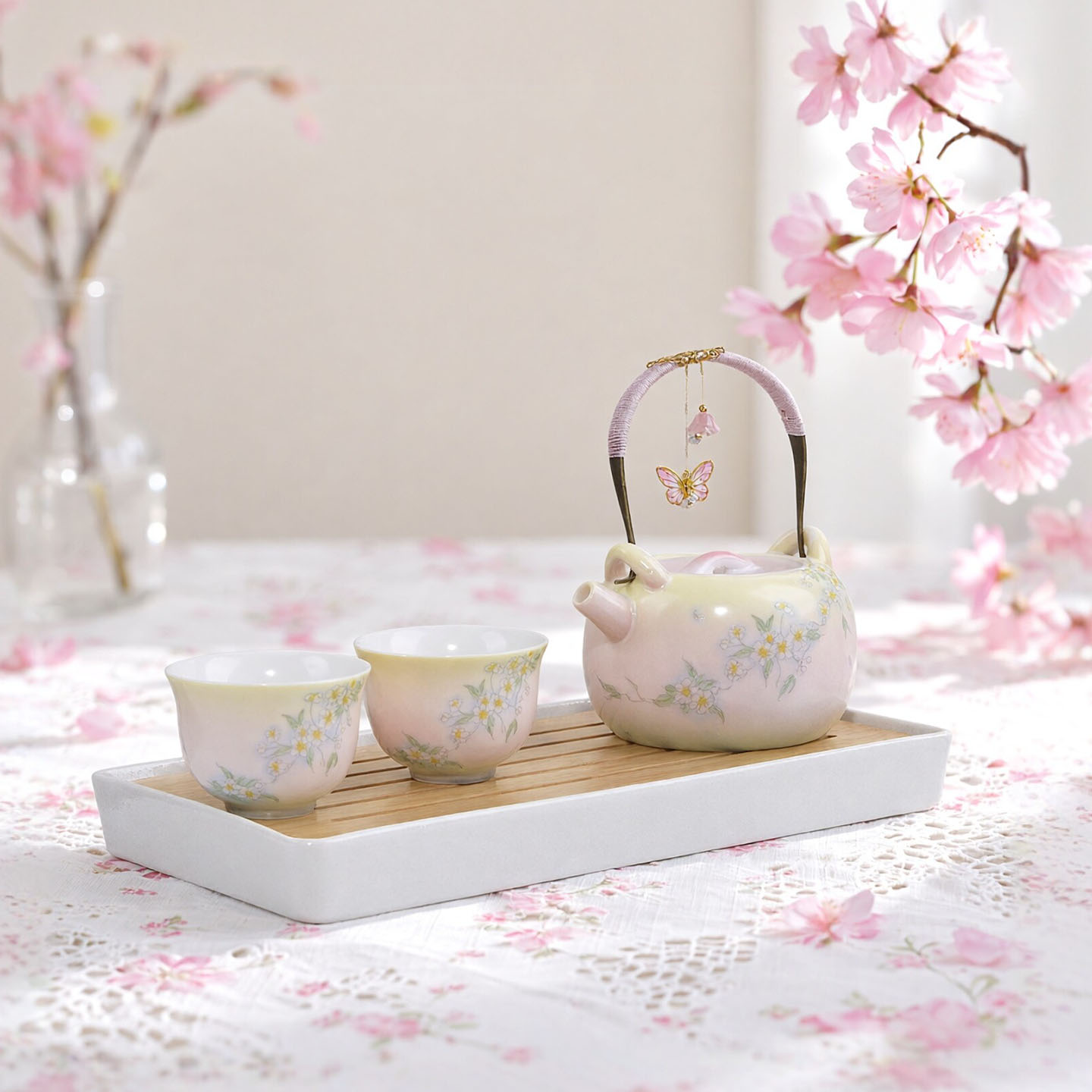 酒店同款粉色樱花提梁壶功夫茶具