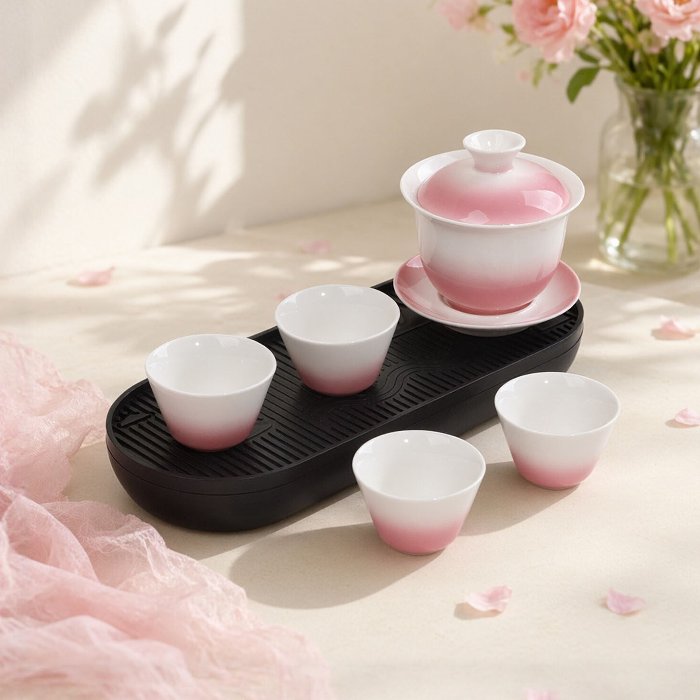 影白釉里红三才盖碗茶杯陶瓷茶盘