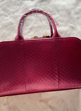 D家新品美物 超美酒红色天然蛇皮女包手提包手挽包潮流保龄球包