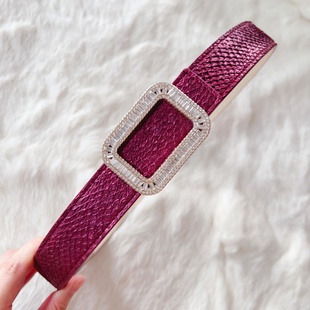 NEW仙品美物 超美酒红色轻奢天然三文鱼皮宽腰带女皮带裙带貂皮大