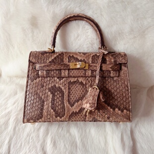 D家冬上新 超美杏粉色奢华天然蟒蛇皮女包单肩包斜跨包手提小号