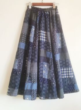 春秋夏季原创复古亚麻裙棉麻中长裙半身裙子学院风印花松紧腰半裙