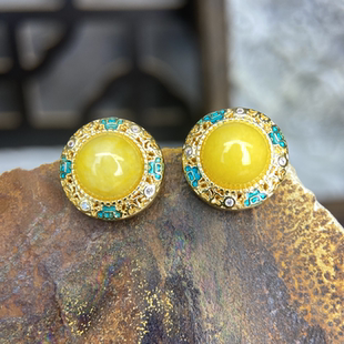 中式国风天然鸡油黄蜜蜡圆形耳钉镂空镶嵌珐琅滴釉耳饰耳环银针