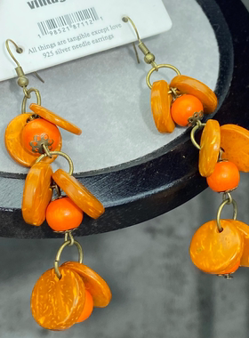 复古民族风橙色椰壳流苏耳环小众做旧独特设计手作耳坠耳饰非银针