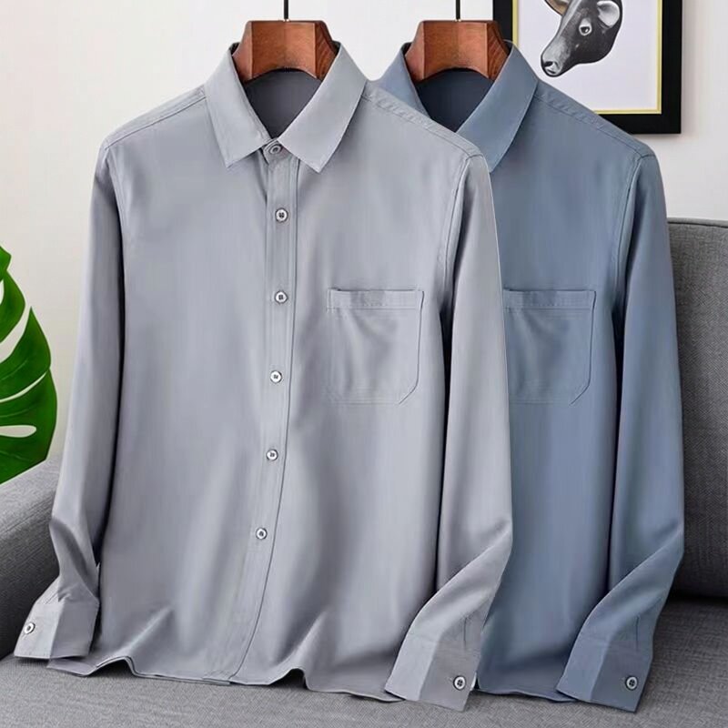 中老年男春夏薄款的确良长袖休闲衬衫70岁爷爸爸宽松老人宽松衬衣