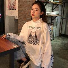 Actual photo: 2020 wide loose bottom split hot stamping fake two pieces of high collar stripe long sleeve T-shirt 180g double