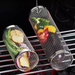 不锈钢烧烤网筒户外烤羊肉滚笼烧烤圆柱形烧烤筒网烤菜圆筒形吊笼