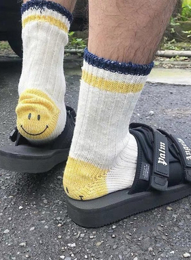 温酒 KAPITAL 22SS 平田和宏 拼色印花笑脸 棉混纺高筒休闲运动袜