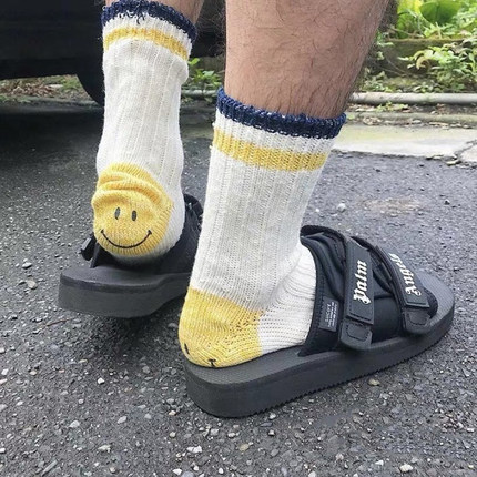 温酒 KAPITAL 22SS 平田和宏 拼色印花笑脸 棉混纺高筒休闲运动袜