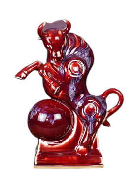 扭转乾坤钧瓷牛摆件家居装饰办公室钧窑陶瓷牛工艺品花瓶桌面摆u.