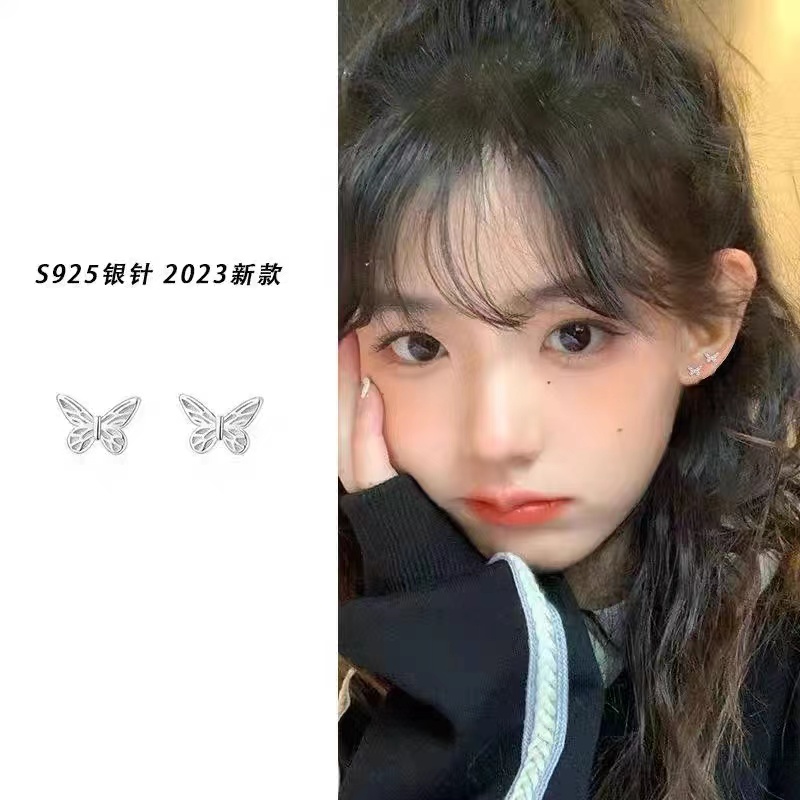 925纯银条纹蝴蝶耳钉2023年新款潮简约设计感小巧养耳洞耳环耳饰