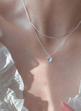 S925纯银双层设计爱心月光石项链女甜美渐变宝石桃心形锁骨链